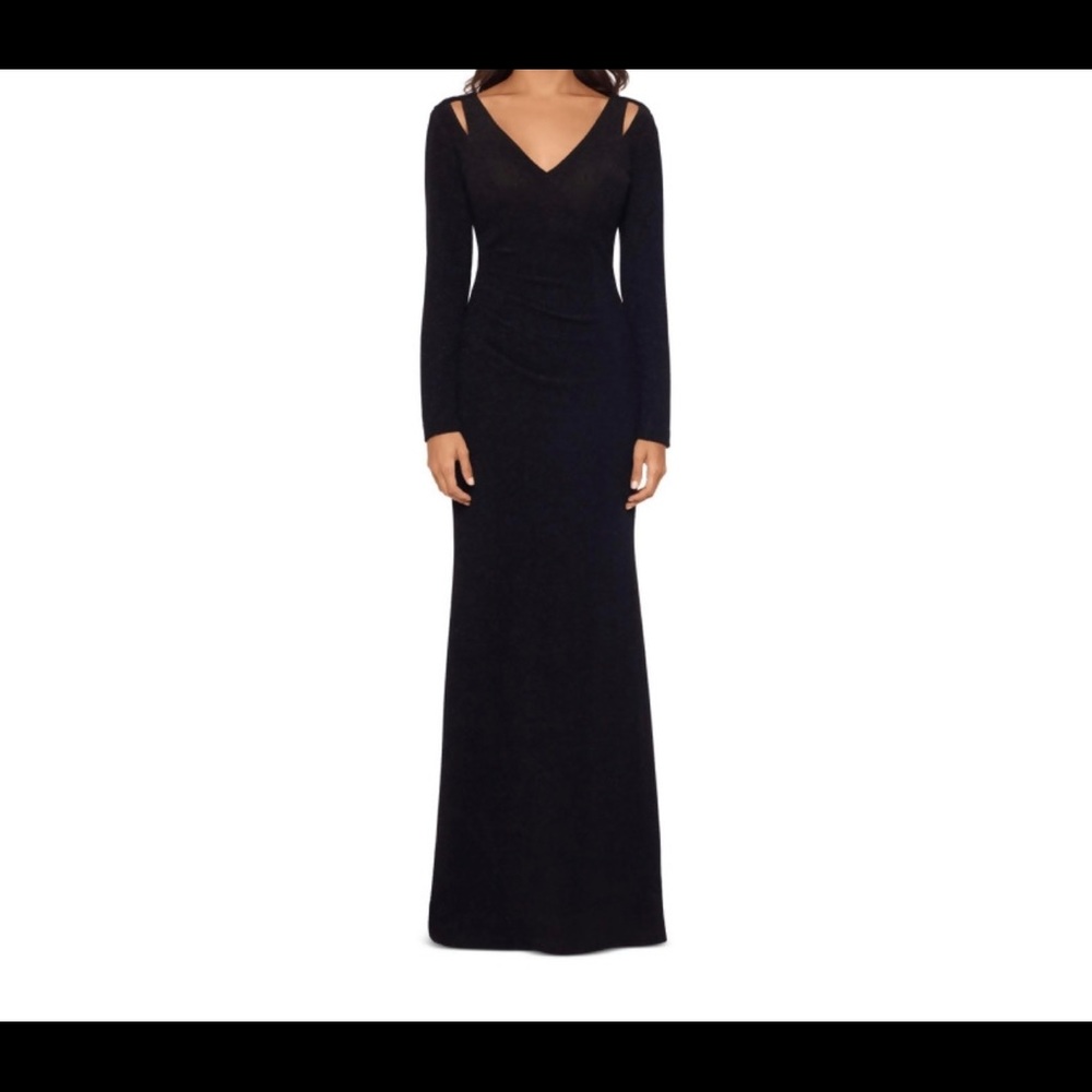 XSCAPE Womens Black Long Sleeve V Neck Full-Length Formal Sheath Dress